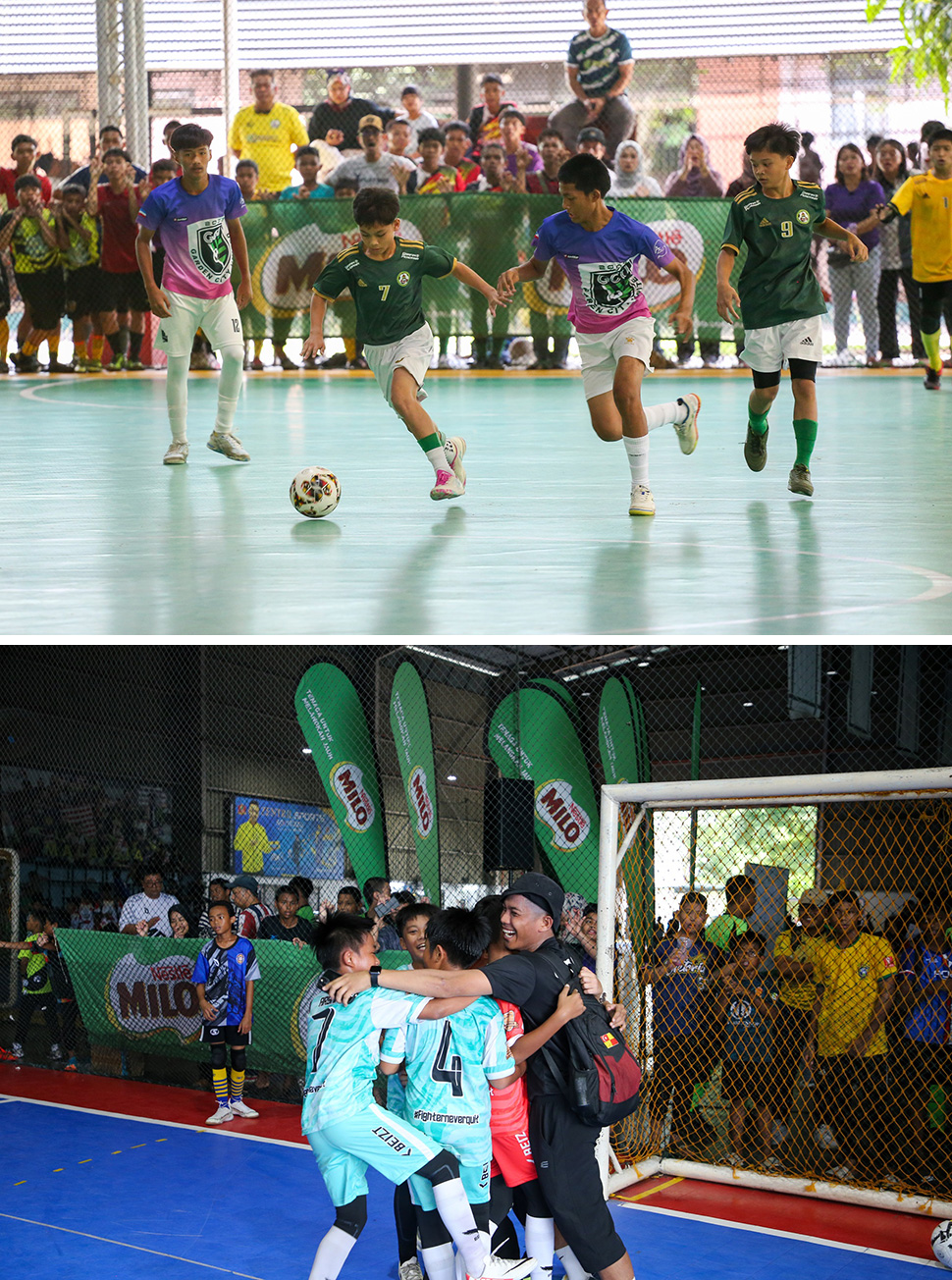 Players showcase intense action and teamwork on the futsal court.
