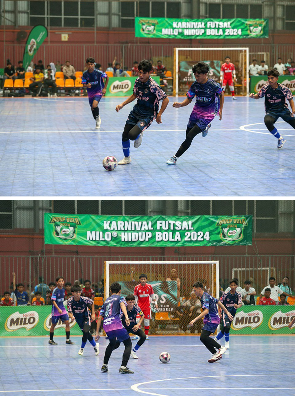 Players exhibit dynamic action and strong teamwork on the futsal court