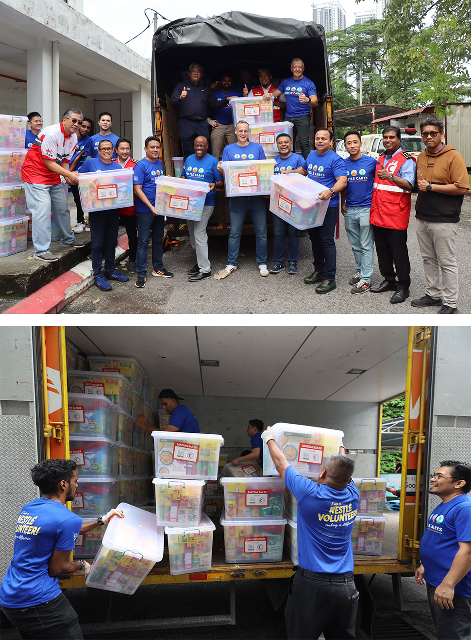 Nestlé Cares and MRC volunteers load food aid boxes into trucks