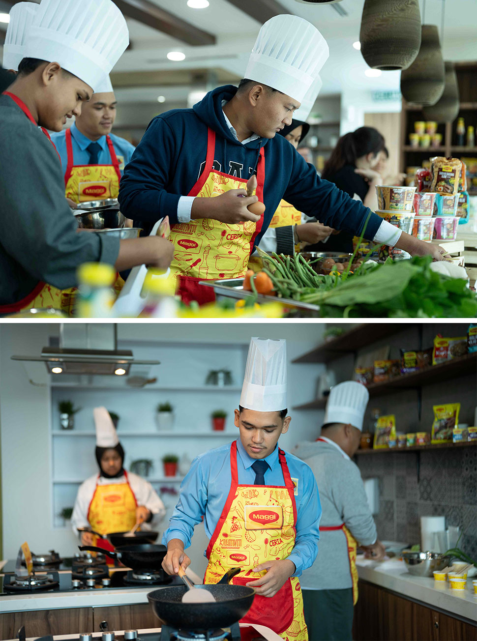 Students spring into action, collecting their ingredients to prepare the dishes