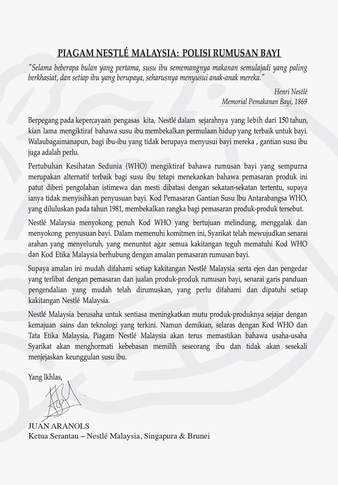 NESTLÉ MALAYSIA CHARTER - Infant Formula Policy